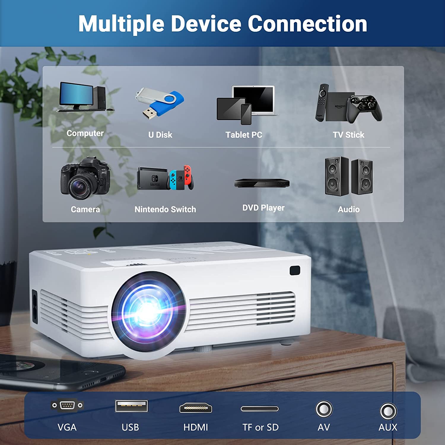原生 1080P 迷你投影仪，带 5G WiFi 和蓝牙（带三脚架），支持 4K 的户外投影仪，便携式电影投影仪，兼容电视棒、iOS、Android、PS5、HDMI、USB、Vecupou