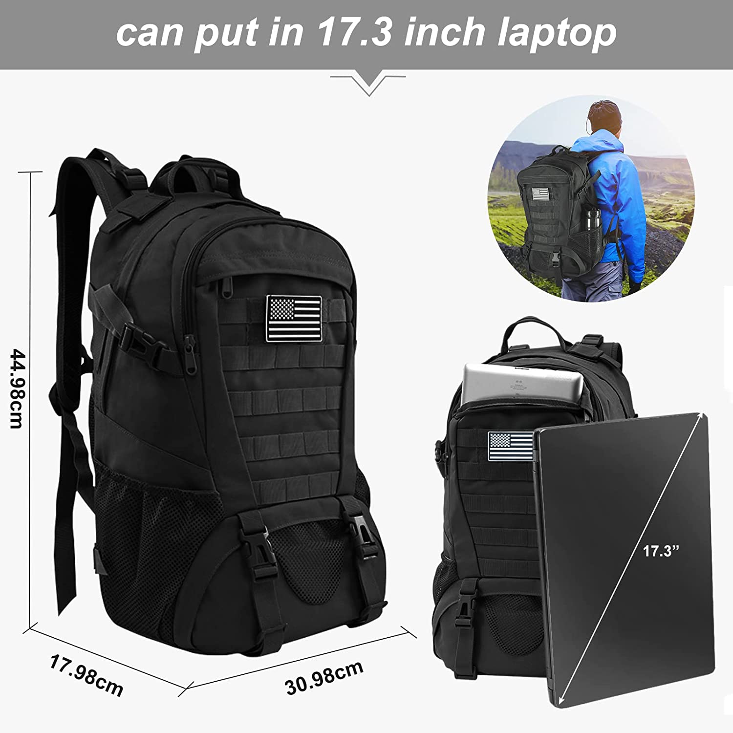 Jueachy 男士远足战术背包 Molle 军用背包防水 30 升 EDC 包带美国国旗贴片