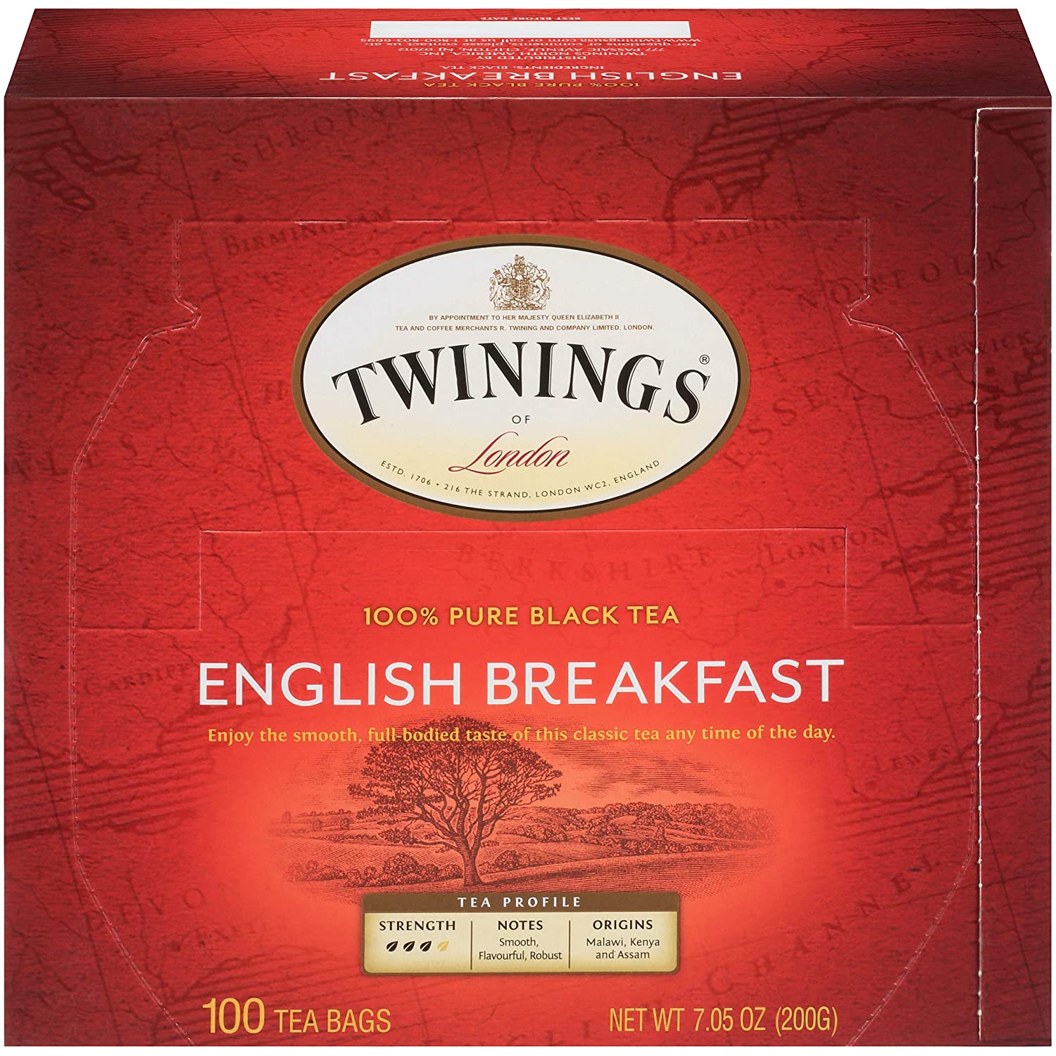 Twinings 英式早餐红茶，100 个独立包装的茶包，柔滑、可口、浓郁、含咖啡因