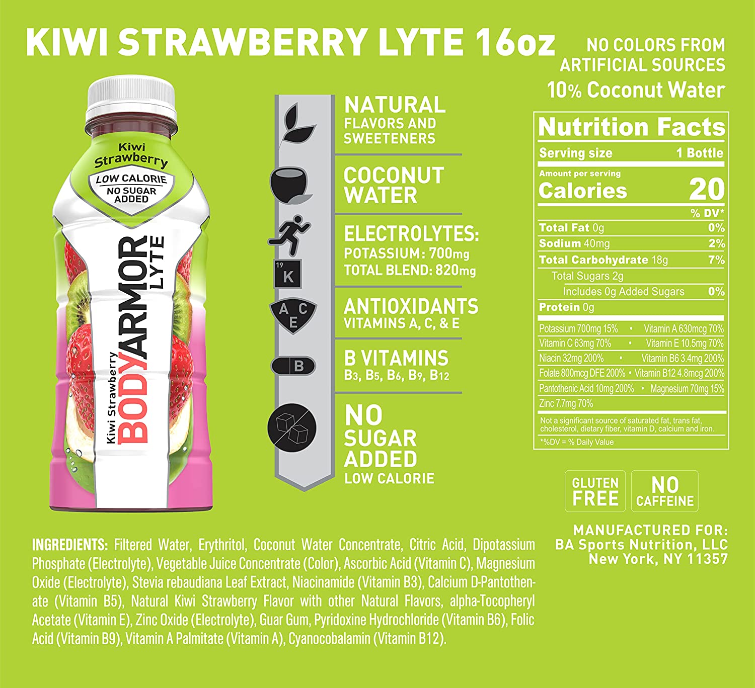 BODYARMOR LYTE 运动饮料低热量运动饮料，猕猴桃草莓，含维生素的天然香料，富含钾的电解质，非常适合运动员，16 液体盎司（12 件装）