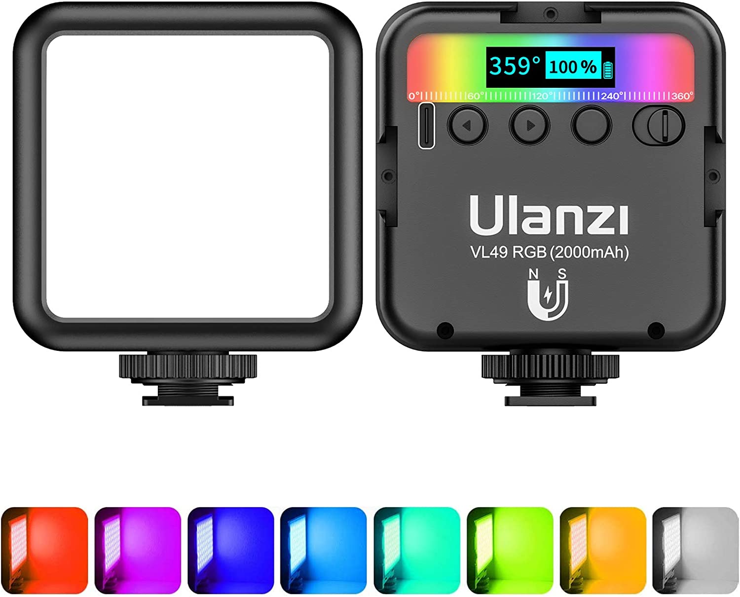 ULANZI VL49 RGB 摄像灯，LED 相机灯 360° 全彩便携式摄影灯带 3 个冷靴，2000mAh 可充电 CRI 95+ 2500-9000K 可调光面板灯支持磁吸