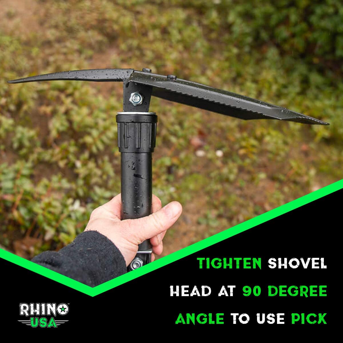 RHINO USA 折叠求生铲带镐 - 重型碳钢军用风格挖沟工具，适用于越野、露营、园艺、海滩、挖掘泥土、沙子、泥土和雪地。