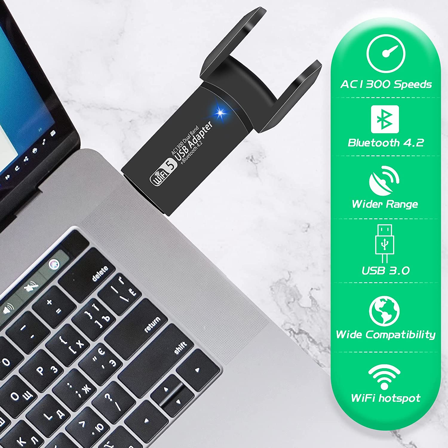 USB WiFi 蓝牙适配器，1300Mbps 双频 2.4/5Ghz 无线网络外部接收器，适用于 PC/笔记本电脑/台式机的迷你 WiFi Dongle