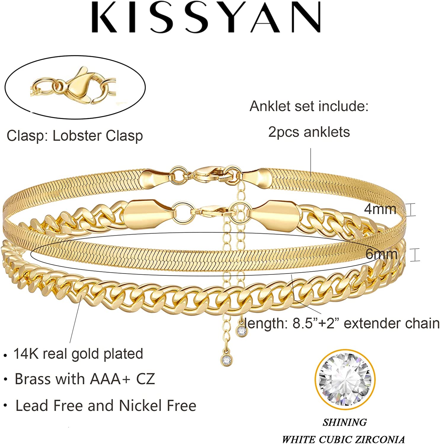 KissYan 女士金色分层脚踝手链，精致的 14k 镀金分层脚链套装可调节时尚古巴链蛇网球链脚踝夏季沙滩脚饰礼品女童