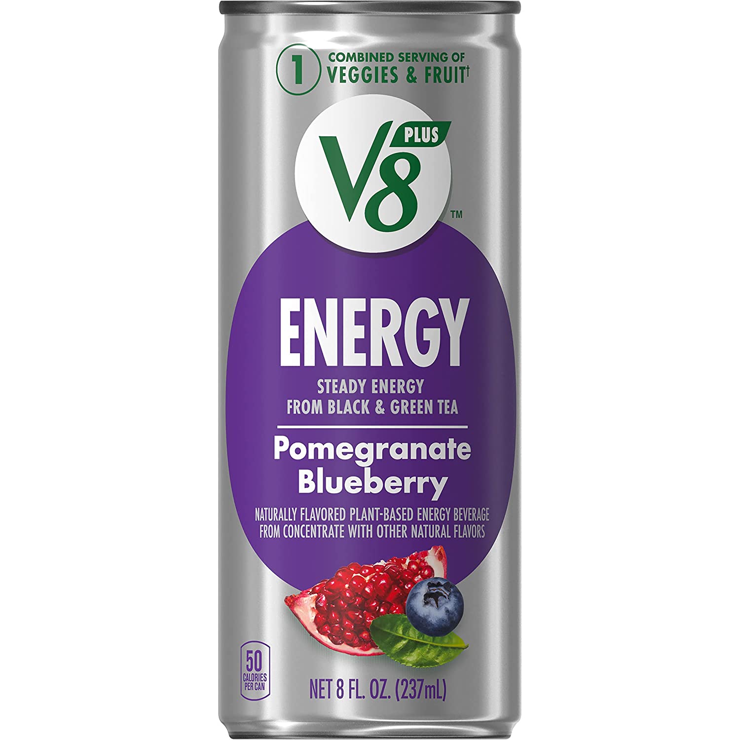 V8 +ENERGY 石榴蓝莓能量饮料，用真正的蔬菜和果汁制成，8 盎司罐装（24 件装）