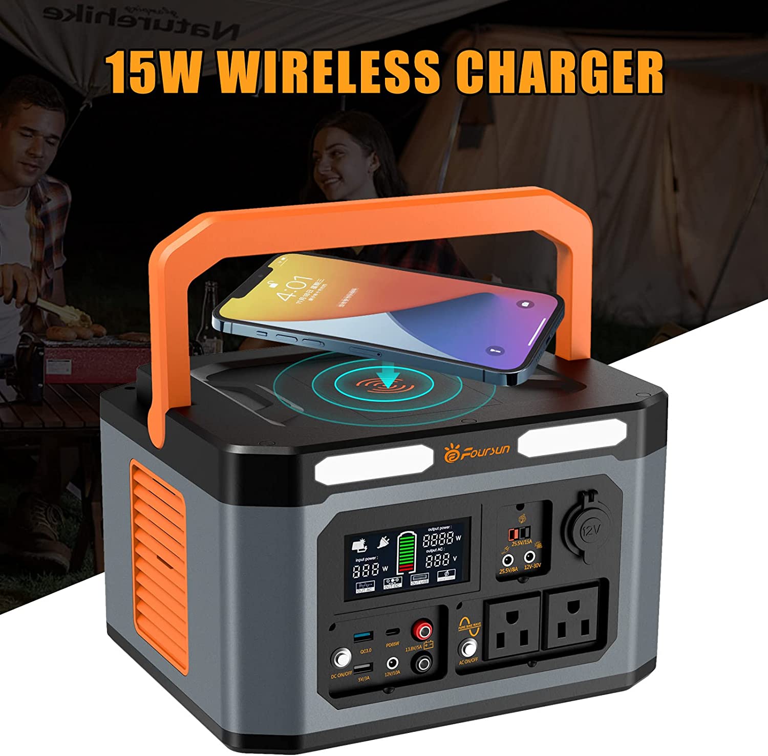 Foursun 1500W（3000W 峰值）便携式电站，1598.4Wh 带 2 x 1500W 交流插座，无线充电，PD 65W，太阳能发电机（不包括太阳能电池板）用于家庭备用、紧急情况、户外露营