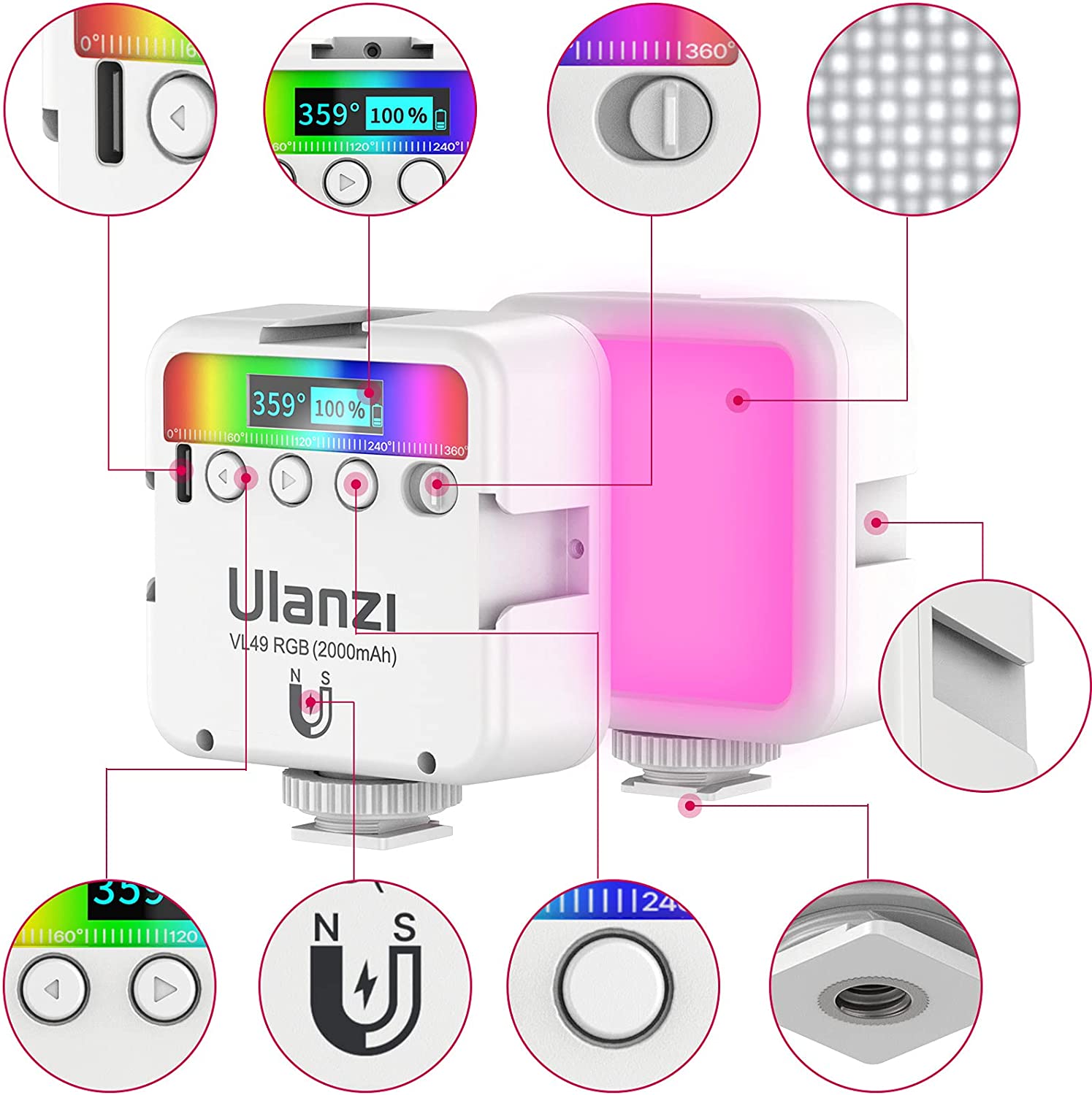 ULANZI VL49 RGB 摄像灯，LED 相机灯 360° 全彩便携式摄影灯带 3 个冷靴，2000mAh 可充电 CRI 95+ 2500-9000K 可调光面板灯支持磁吸
