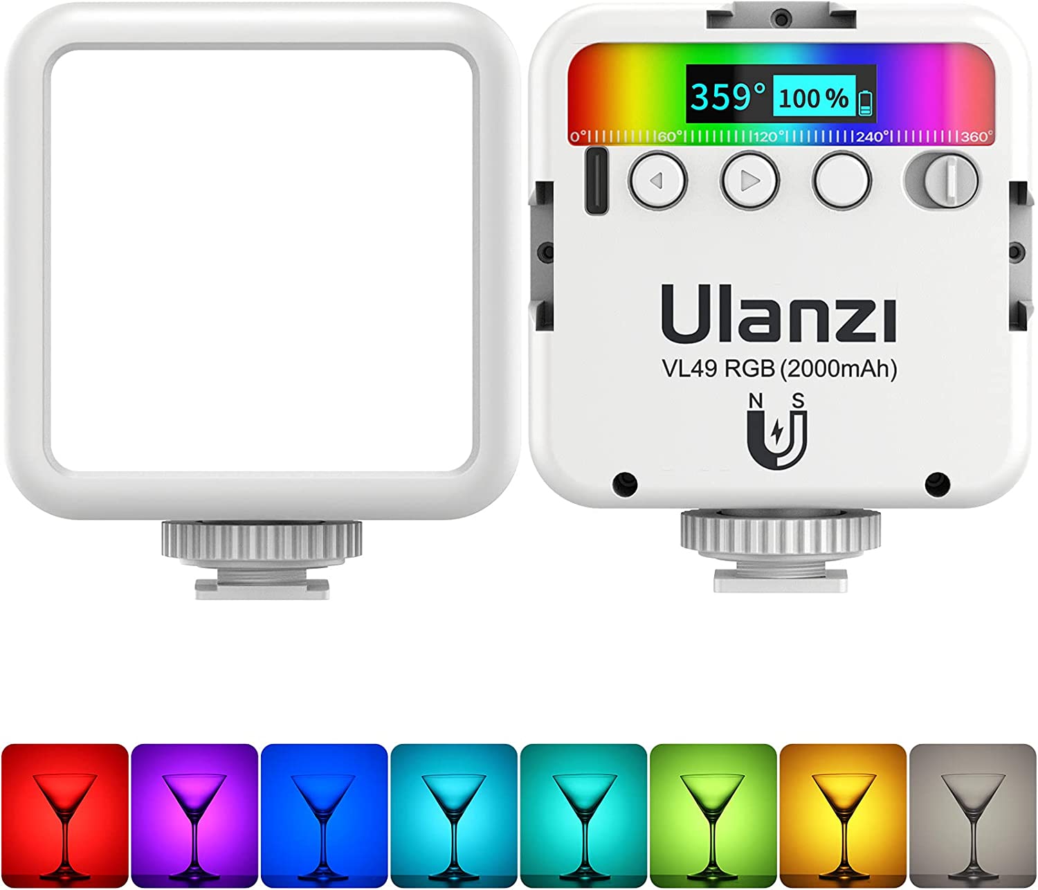 ULANZI VL49 RGB 摄像灯，LED 相机灯 360° 全彩便携式摄影灯带 3 个冷靴，2000mAh 可充电 CRI 95+ 2500-9000K 可调光面板灯支持磁吸