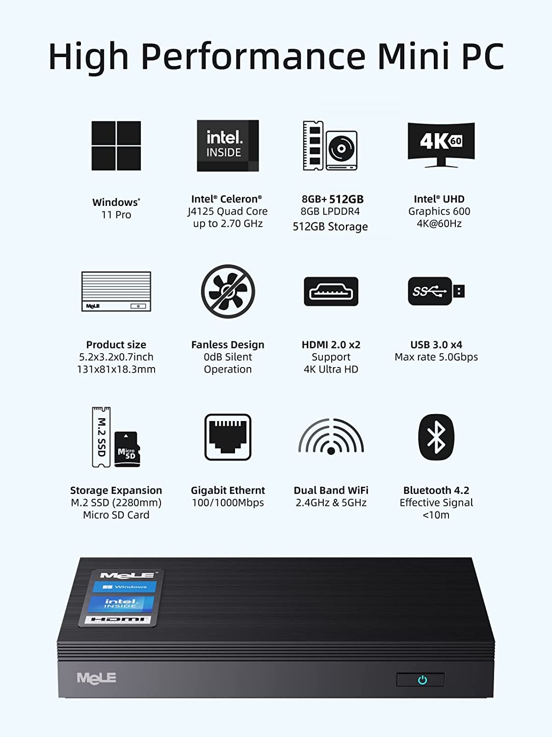 Mini PC 无风扇 Quieter2Q Windows 11 Pro Celeron J4125 8GB/512GB 小型台式电脑 Micro PC 支持 M.2 SSD 最高 4TB 双 HDMI 4K 2.4G/5G Wi-Fi 千兆以太网 BT4.2 Win 10,PXE,Plex VESA 安装