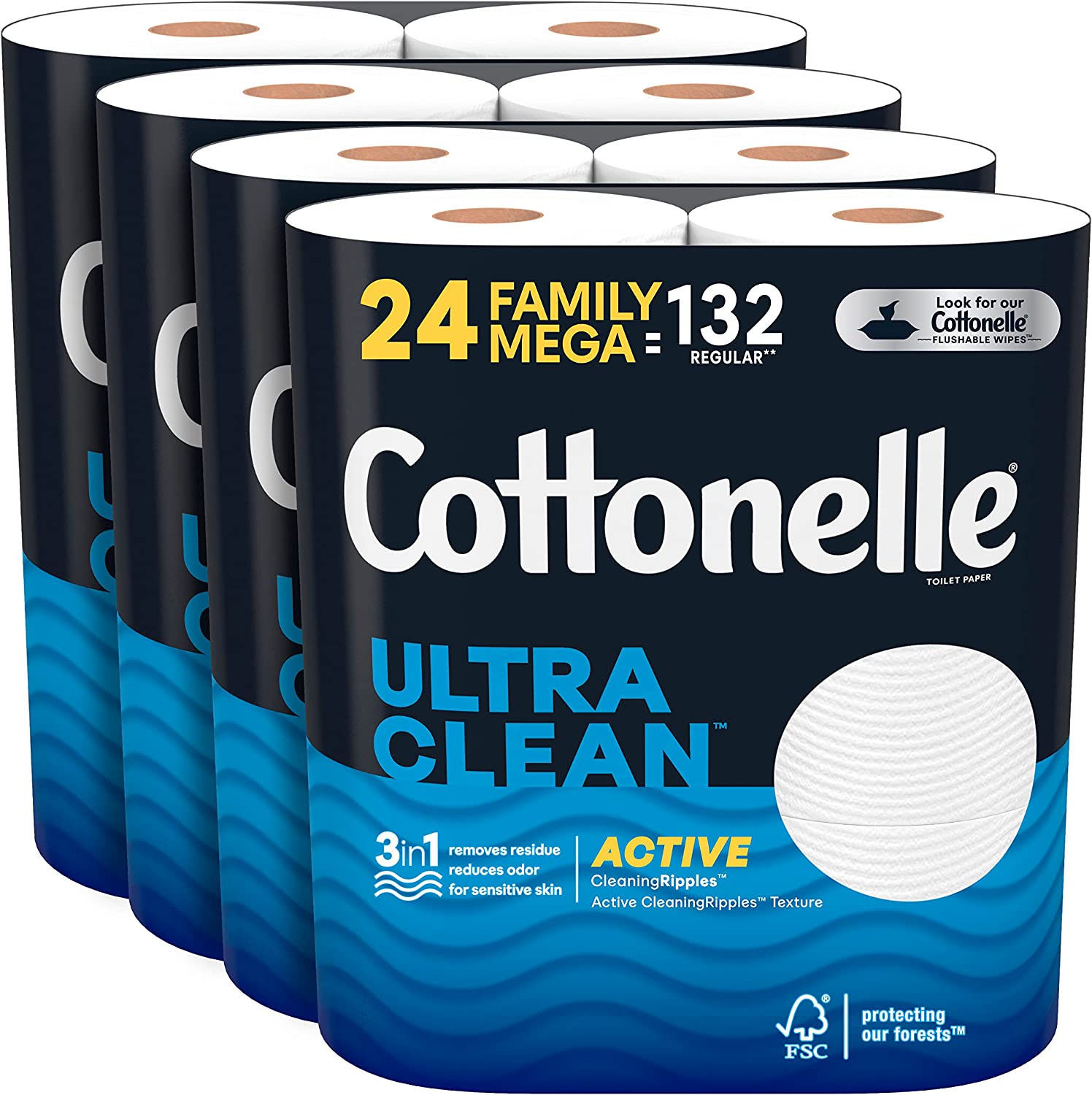 Cottonelle 超洁净卫生纸，具有活性清洁波纹质地，强力卫生纸，24 卷家庭大卷（24 卷家庭大卷 = 132 普通卷），每卷 388 张，包装可能有所不同