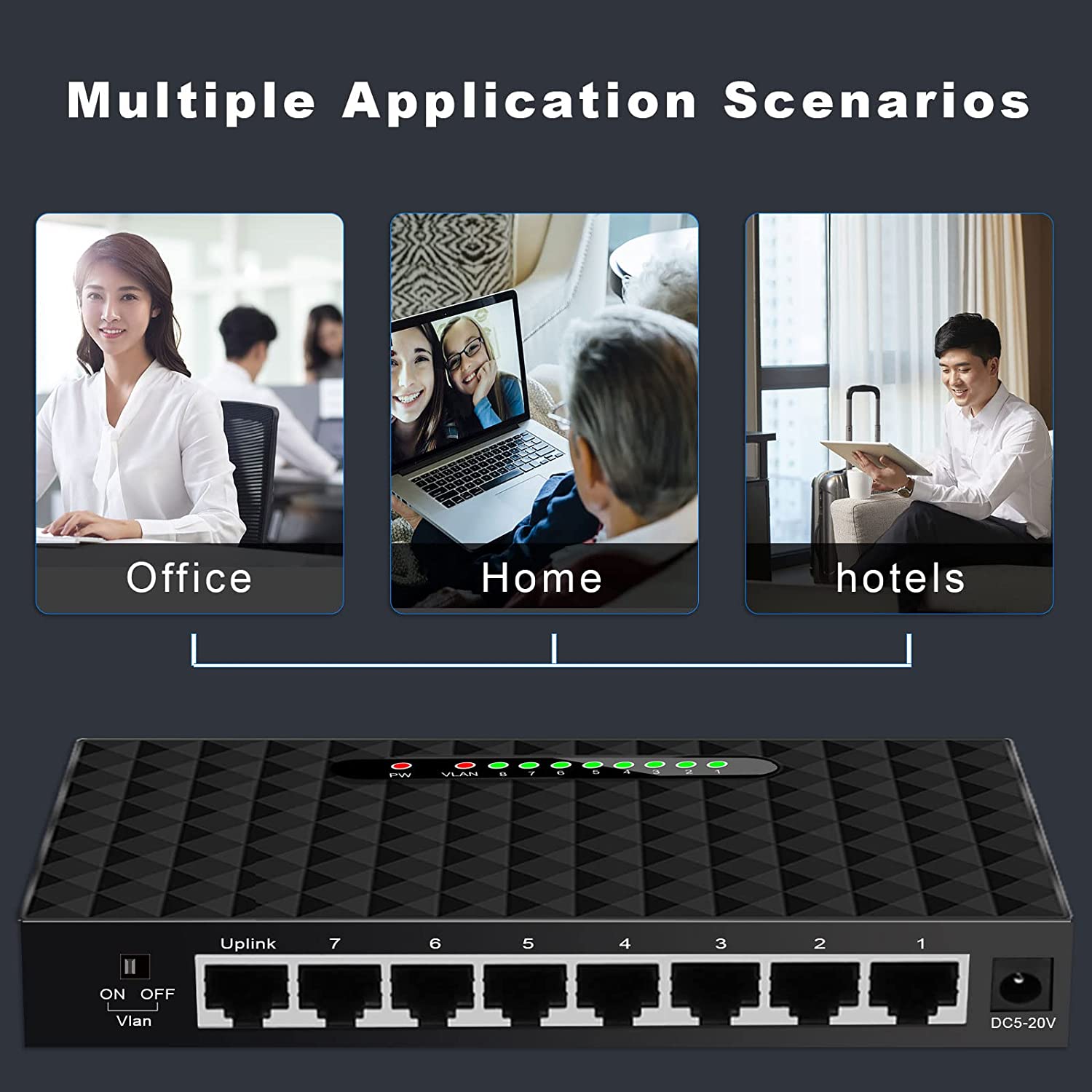 TEROW<link TXE099 8 端口千兆以太网网络交换机，10/100/1000Mbps 网络交换机集线器，桌面非托管以太网分离器，耐用塑料外壳，无风扇静音，即插即用