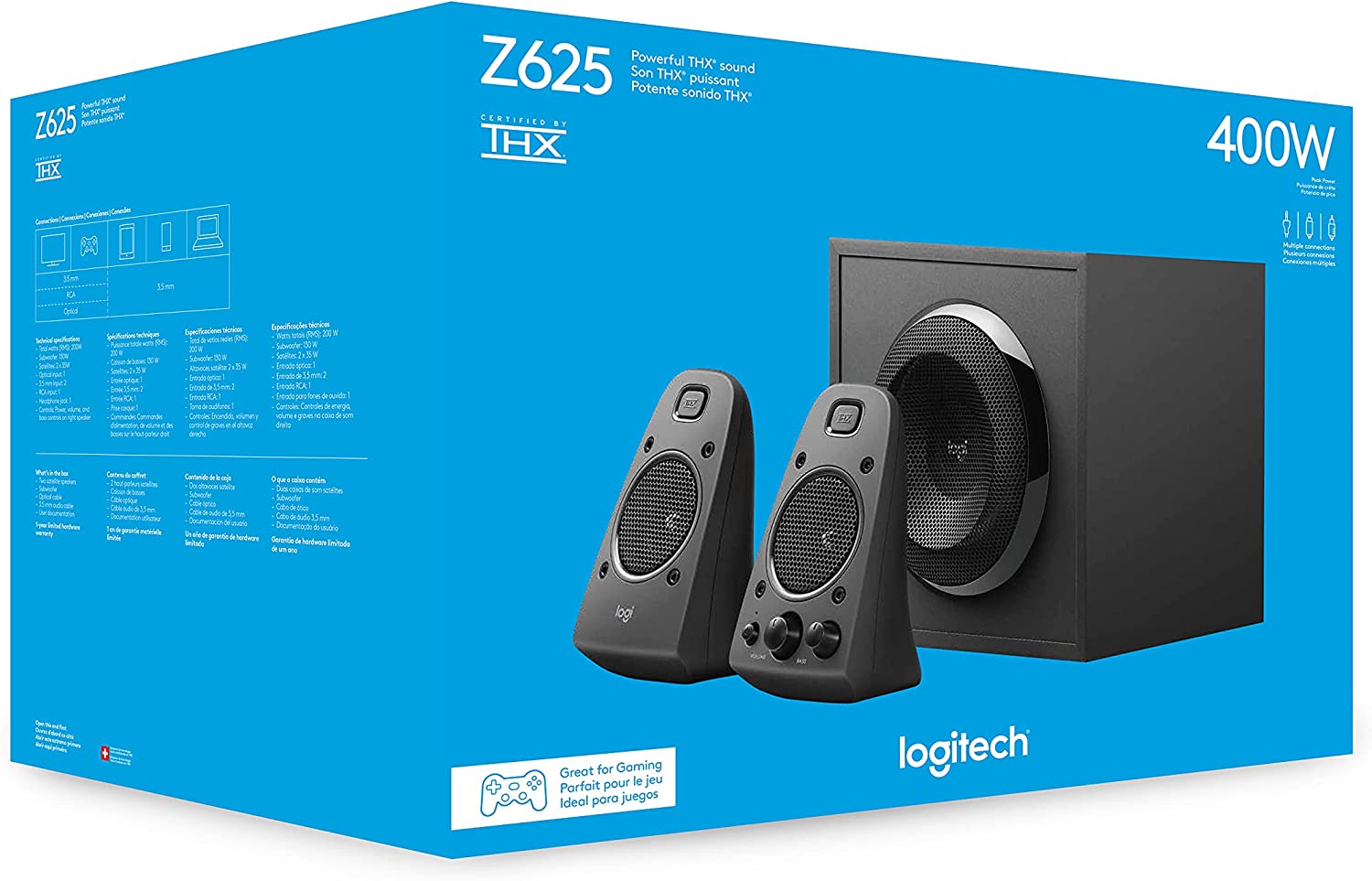 罗技 Z625 功能强大的 THX® 认证 2.1 扬声器系统，带光纤输入