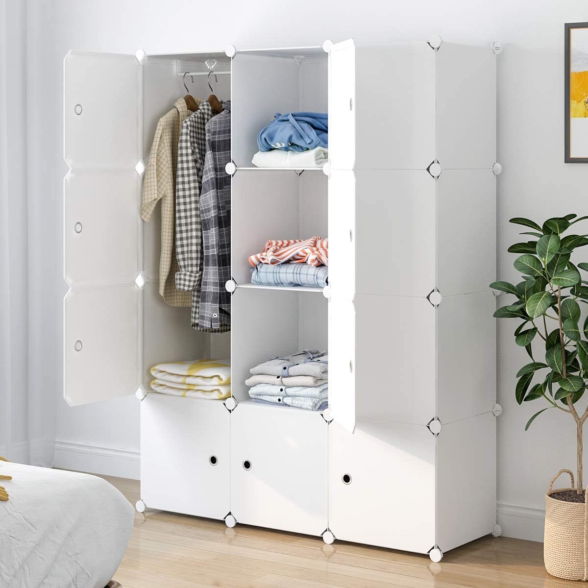 Aeitc 便携式衣柜壁橱 14"x18" Depth Cube Storage，卧室衣橱，带门储物收纳盒，12 个立方体，白色