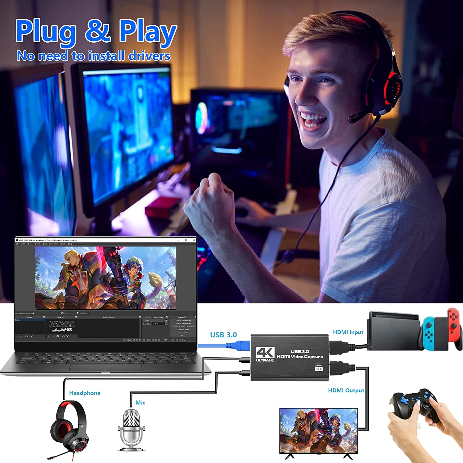 捕捉卡 Nintendo Switch、视频捕捉卡、游戏捕捉卡 4K 1080P 60FPS、HDMI 转 USB 3.0 捕捉卡，适用于 PS4/PC/OBS/相机的流媒体工作