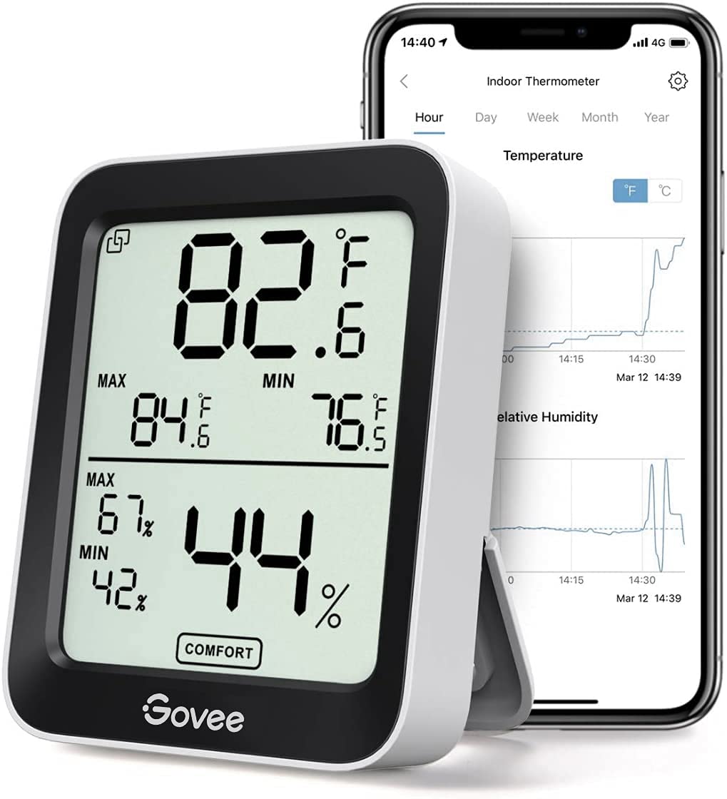 Govee 湿度计温度计 H5075，带远程应用程序控制的蓝牙室内室温监控温室温度计，通知警报，2 年数据存储导出