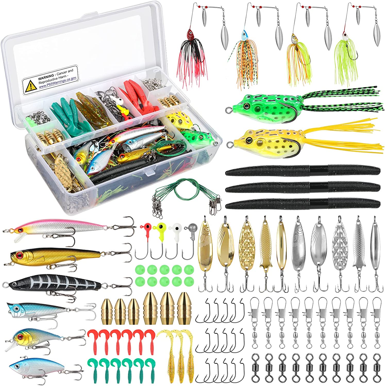 PLUSINNO 鱼饵鱼饵钓具，包括 Crankbaits、Spinnerbaits、塑料蠕虫、Jigs、Topwater Lures、Tackle Box 等渔具路亚套装，102/302 件鱼饵钓具
