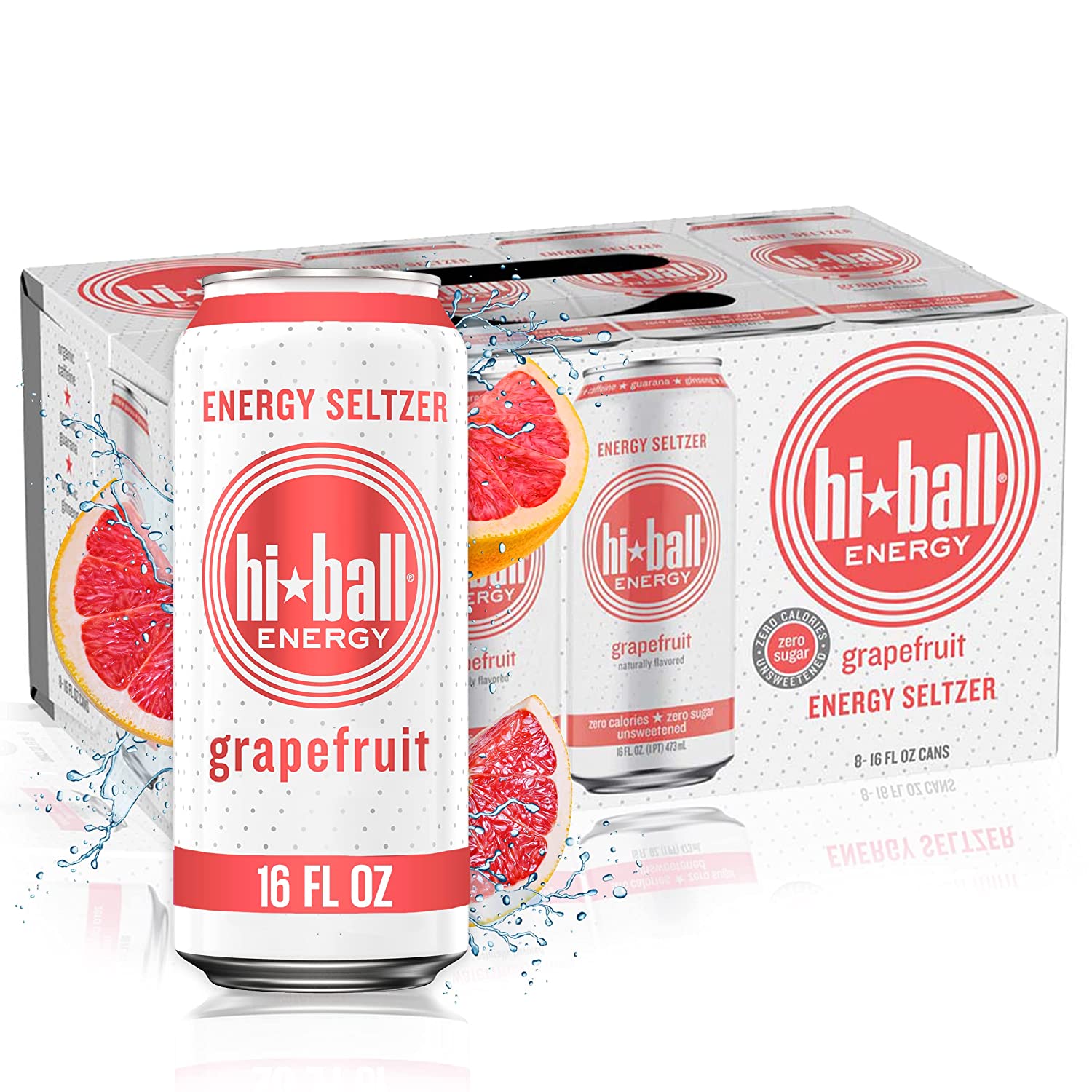 Hiball Energy 苏打水、含有维生素 B12 和维生素 B6 的含咖啡因气泡水、无糖（8 包 16 液体盎司）、葡萄柚