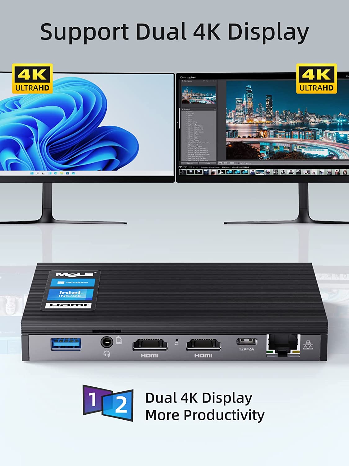 Mini PC 无风扇 Quieter2Q Windows 11 Pro Celeron J4125 8GB/512GB 小型台式电脑 Micro PC 支持 M.2 SSD 最高 4TB 双 HDMI 4K 2.4G/5G Wi-Fi 千兆以太网 BT4.2 Win 10,PXE,Plex VESA 安装
