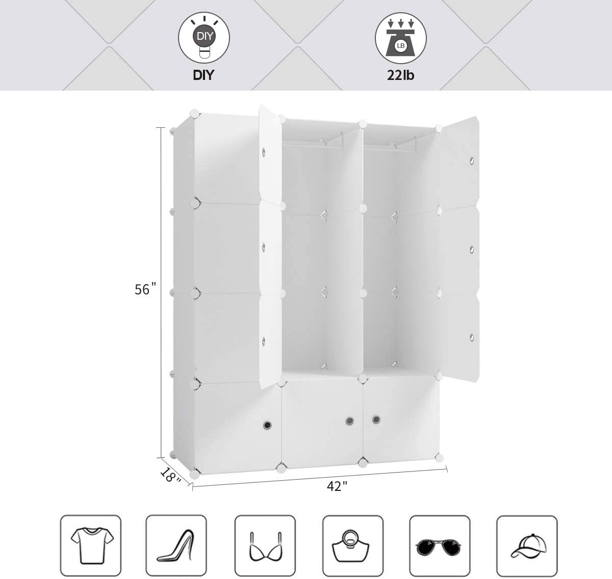 Aeitc 便携式衣柜壁橱 14"x18" Depth Cube Storage，卧室衣橱，带门储物收纳盒，12 个立方体，白色