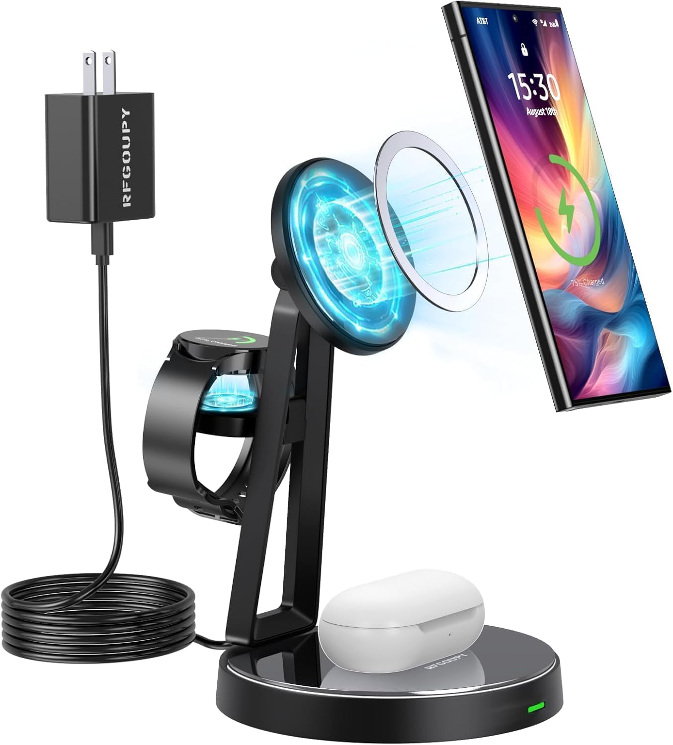 三星无线充电器|适用于三星Galaxy S25/S24/S23/S22和Apple Watch 7/6/5/AirPods的三合一充电站|适用于iPhone 16/15/14/13/12的MagSafe充电器|兼容Apple Watch和AirPods