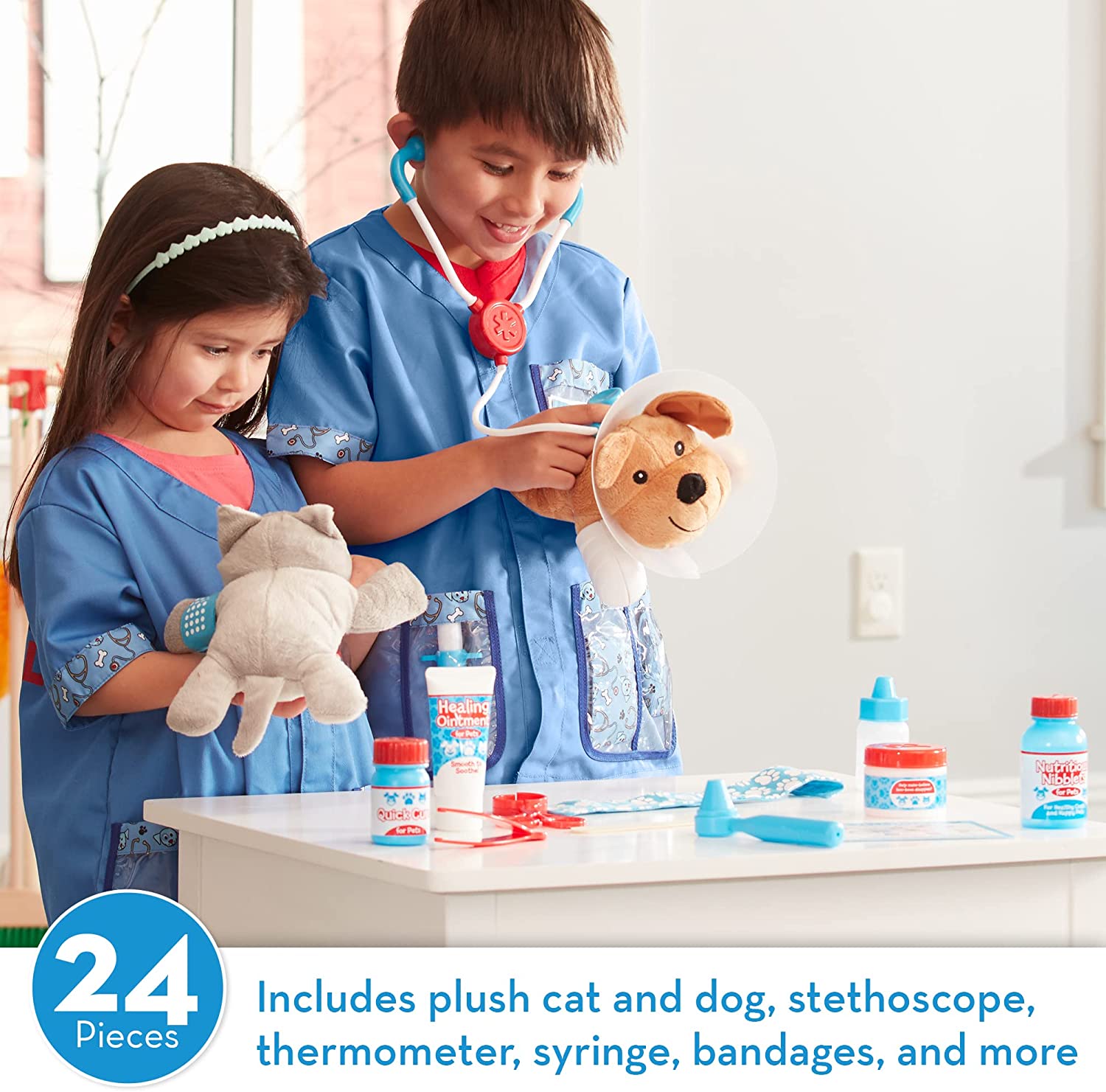 Melissa & Doug 检查和治疗宠物兽医玩具套装（24 件）- 儿童兽医玩具套装，儿童兽医套装，STEAM 玩具，角色扮演医生套装，适合 3 岁以上儿童