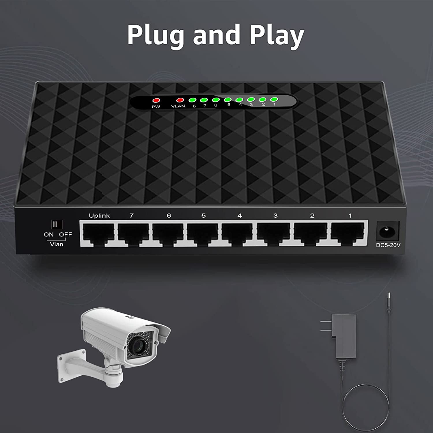 TEROW<link TXE099 8 端口千兆以太网网络交换机，10/100/1000Mbps 网络交换机集线器，桌面非托管以太网分离器，耐用塑料外壳，无风扇静音，即插即用