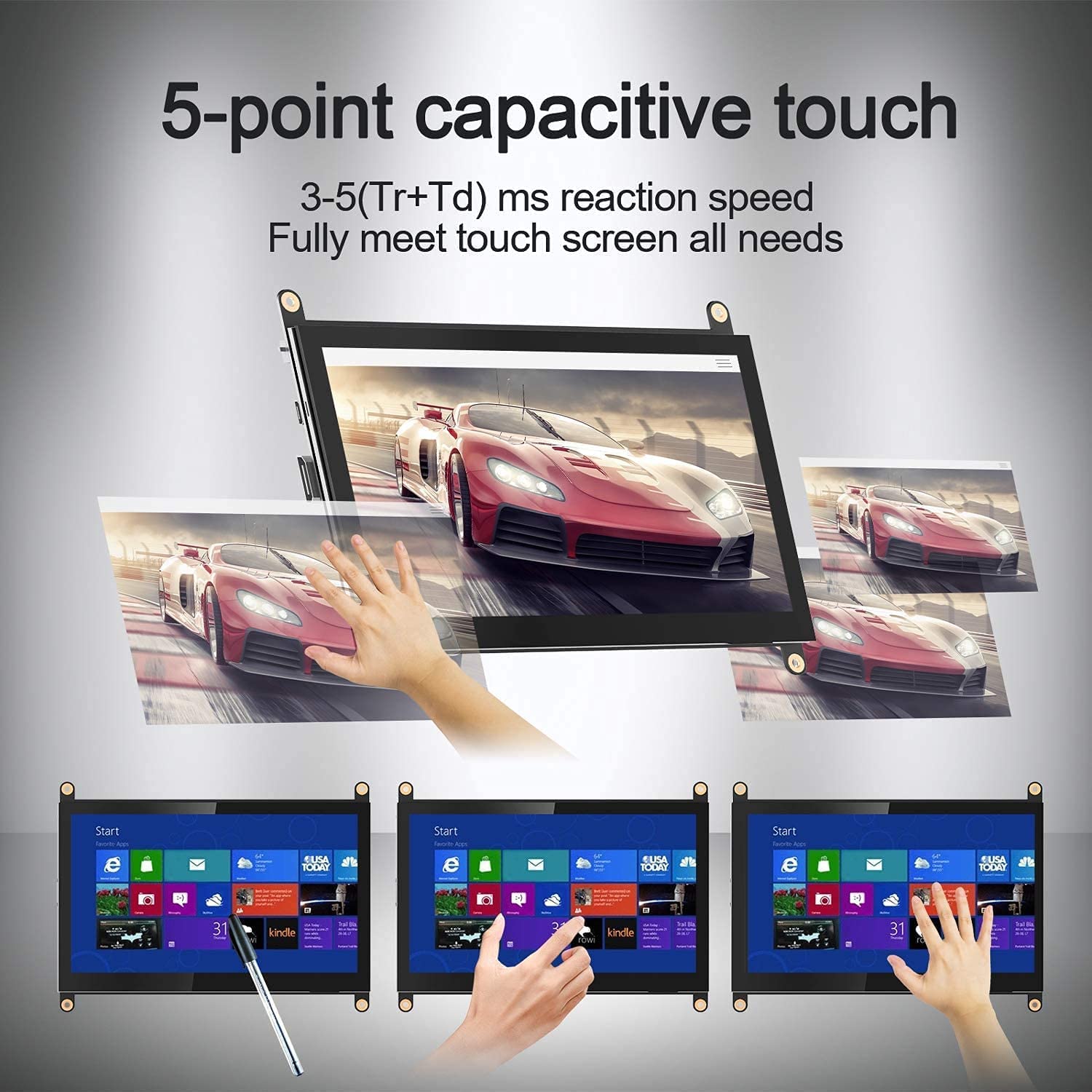 HMTECH 7 英寸 Raspberry Pi 屏幕 800x480 HDMI 便携式显示器 IPS LCD 屏幕显示器适用于 Raspberry Pi 4/3/2/Zero/B/B+ Win11/10/8/7（非触摸）