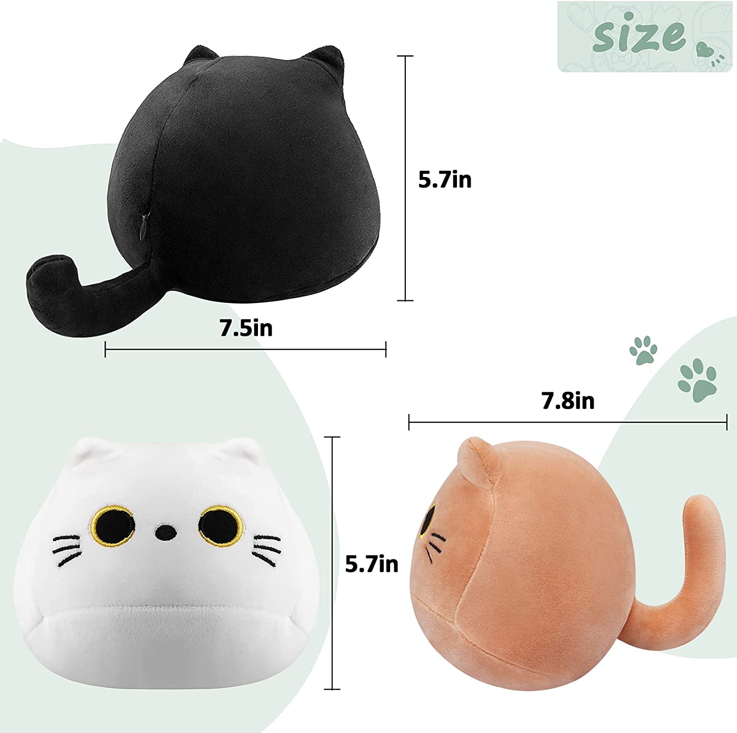 可爱的黑白和棕色组合猫毛绒玩具 - 柔软有弹性的儿童猫填充动物玩具，舒适的毛绒猫枕头玩偶，用于缓解压力、睡觉和装饰 3 件套