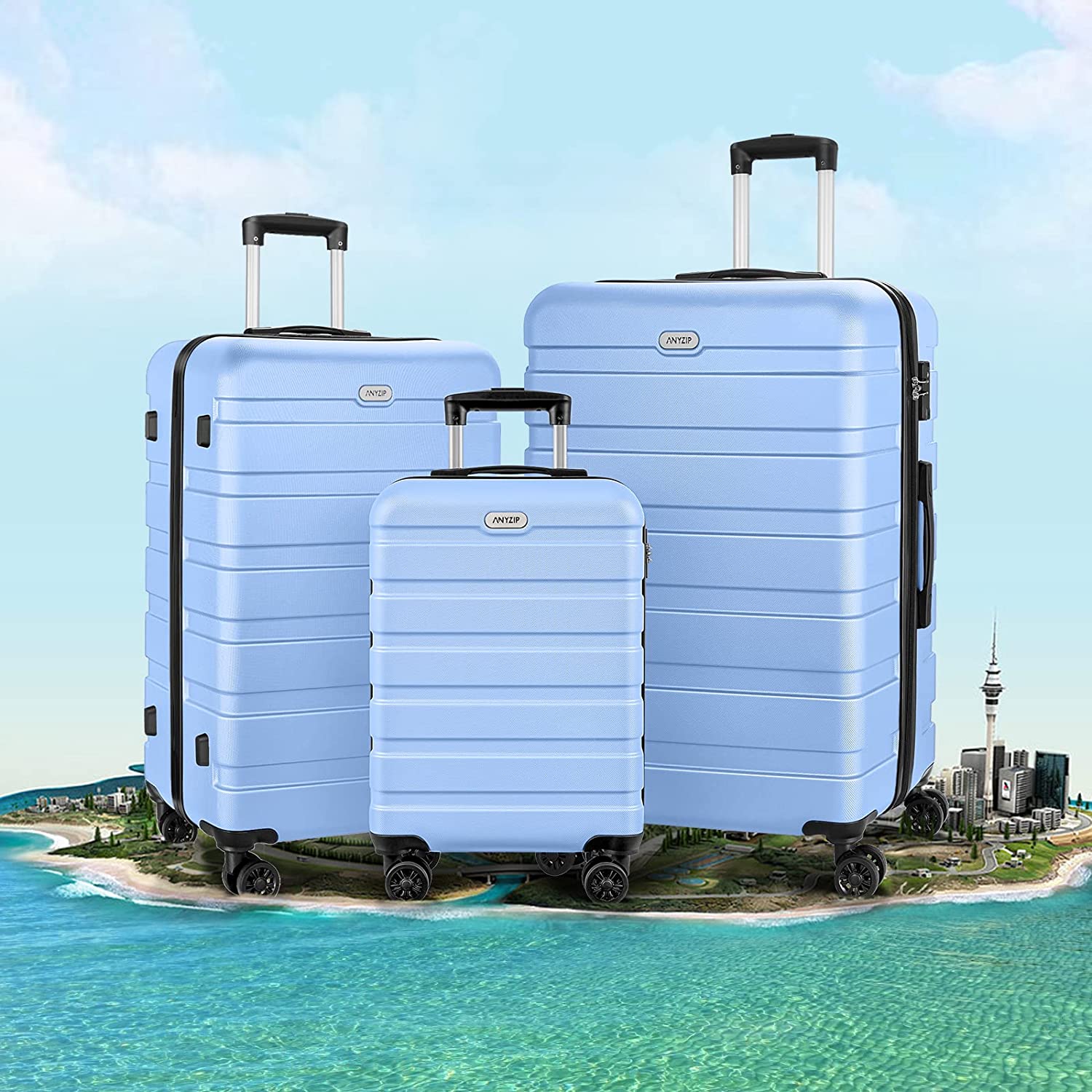 AnyZip 行李箱 3 件套 PC ABS 硬质轻便手提箱带 4 个万向轮 TSA 锁随身携带 20 24 28 英寸浅蓝色