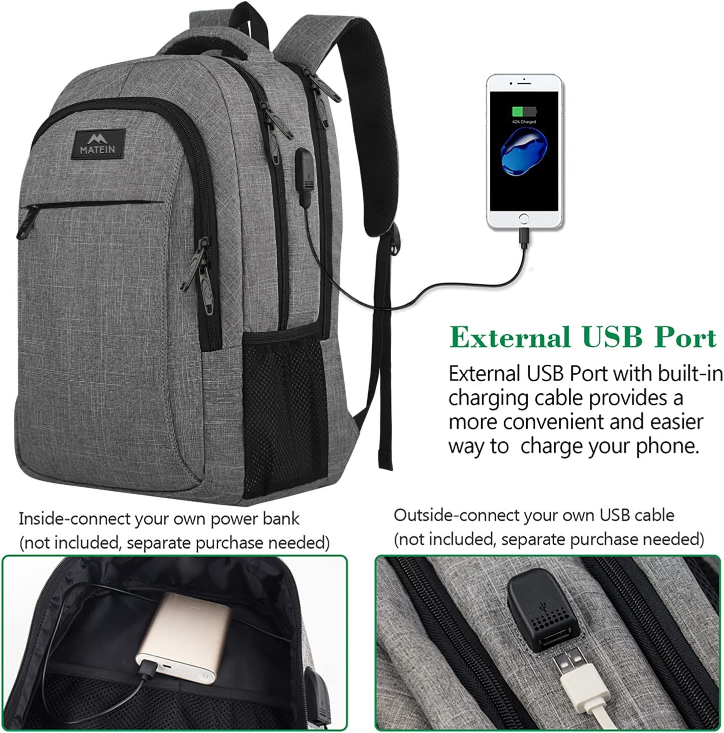 Matein 旅行笔记本电脑背包，商务防盗超薄耐用笔记本电脑背包，带 USB 充电端口，防水大学电脑包礼品男女适合 15.6 英寸笔记本，灰色