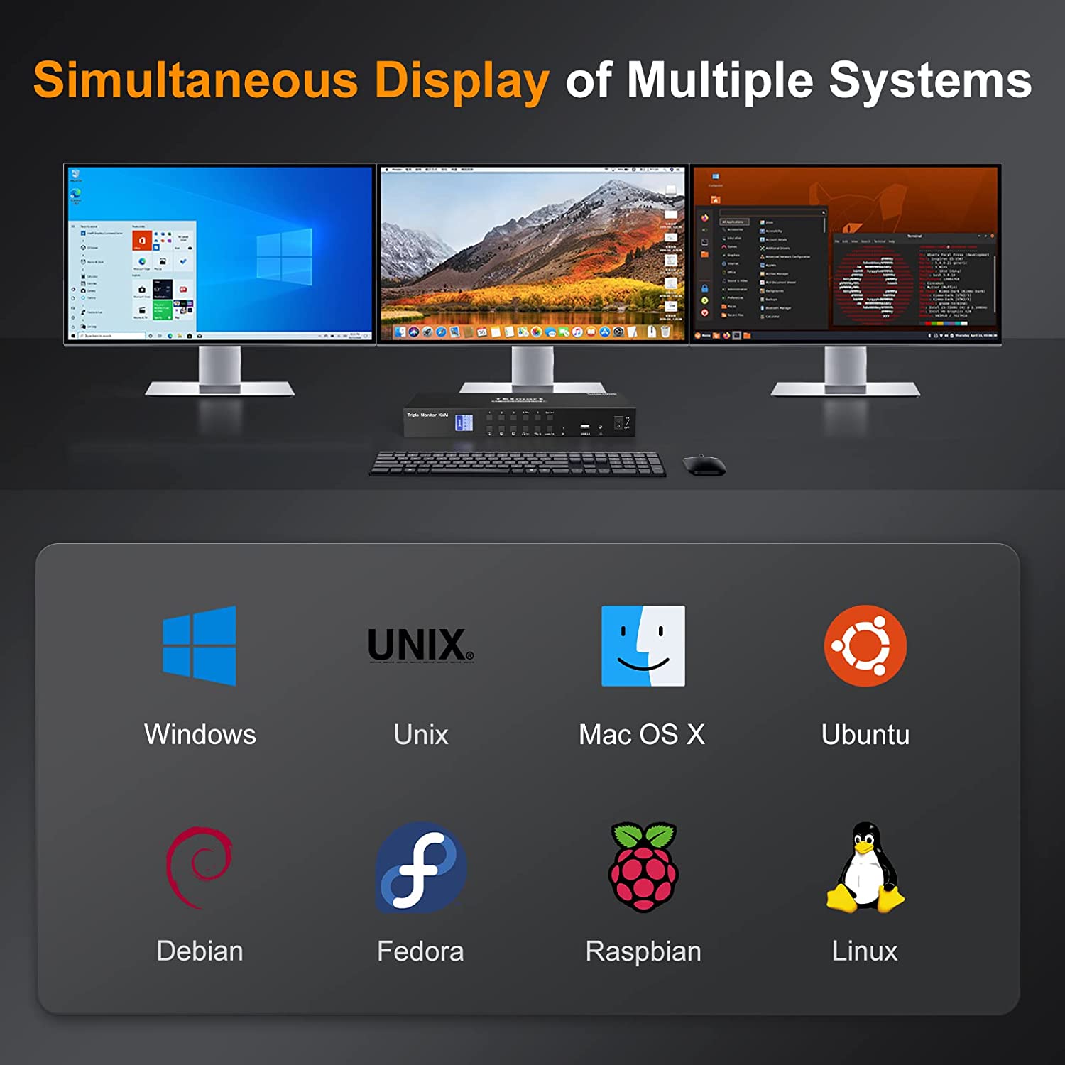 TESmart KVM 切换器 3 显示器 4 台计算机 4K@60Hz 4:4:4，支持 3 个 USB 外围设备，2 个音频输出，机械，多媒体键盘，RS232，三显示器 HDMI KVM 切换器 4 端口盒，带 KVM 电缆