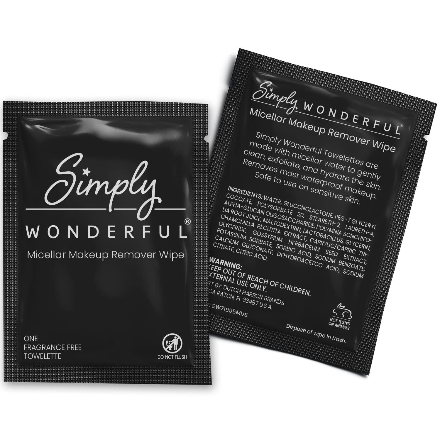 Simply Wonderful 卸妆湿巾 - 单独包装的带胶束水卸妆湿巾，用于面部湿巾清洁、卸妆、睫毛膏、唇膏、油污和污垢，100 片散装化妆湿巾