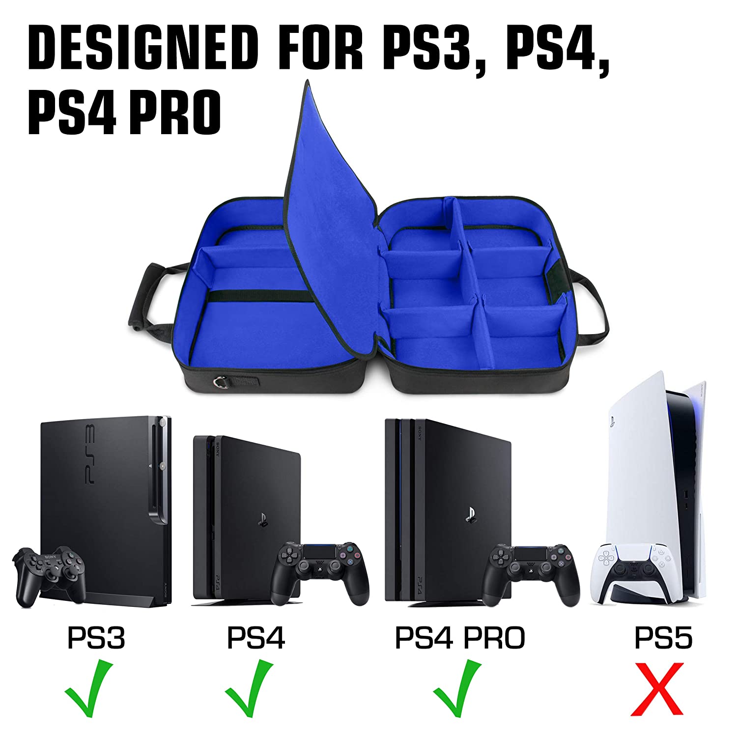 USA GEAR 控制台便携包 - PS4 保护套兼容 Playstation 4 Slim、PS4 Pro 和 PS3 - 可定制的内部商店 PS4 游戏、PS4 控制器、PS4 耳机和更多游戏配件（黑色）