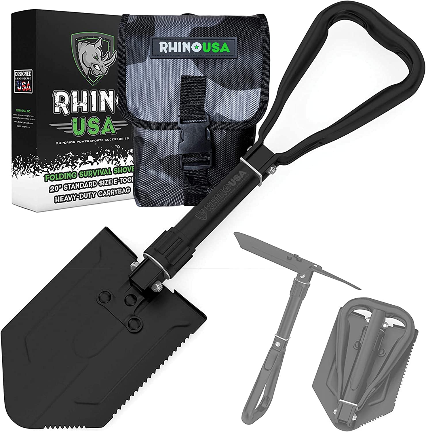RHINO USA 折叠求生铲带镐 - 重型碳钢军用风格挖沟工具，适用于越野、露营、园艺、海滩、挖掘泥土、沙子、泥土和雪地。