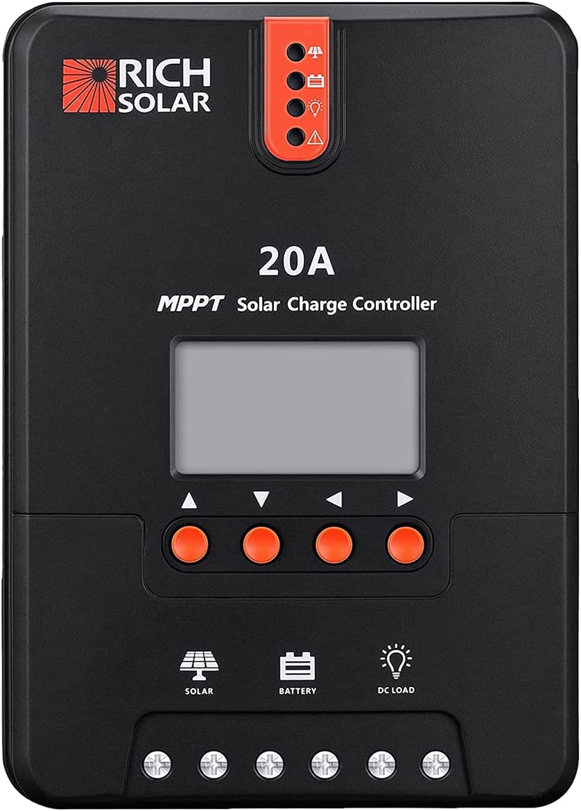 RICH SOLAR 20 Amp 12V/24V DC 输入 MPPT 太阳能充电控制器带 LCD 显示屏太阳能电池板稳压器适用于凝胶密封富液式和锂电池负极接地