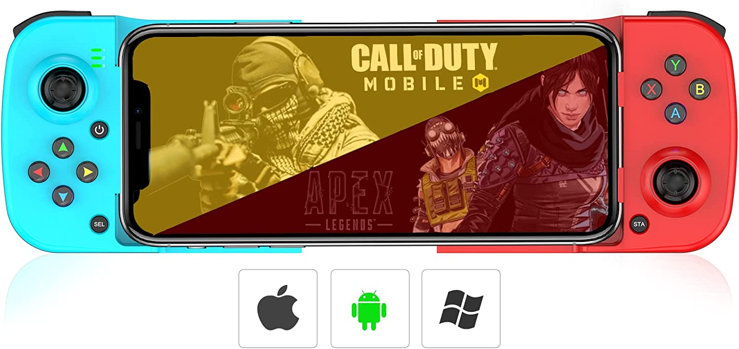 适用于 iPhone iOS Android PC 的 Megadream 移动游戏控制器游戏手柄：适用于 iPhone13/12/11/X、iPad、三星 Galaxy、摩托罗拉、TCL、平板电脑、Apex 英雄、使命召唤 - 无线连接（蓝色 + 红色 2）