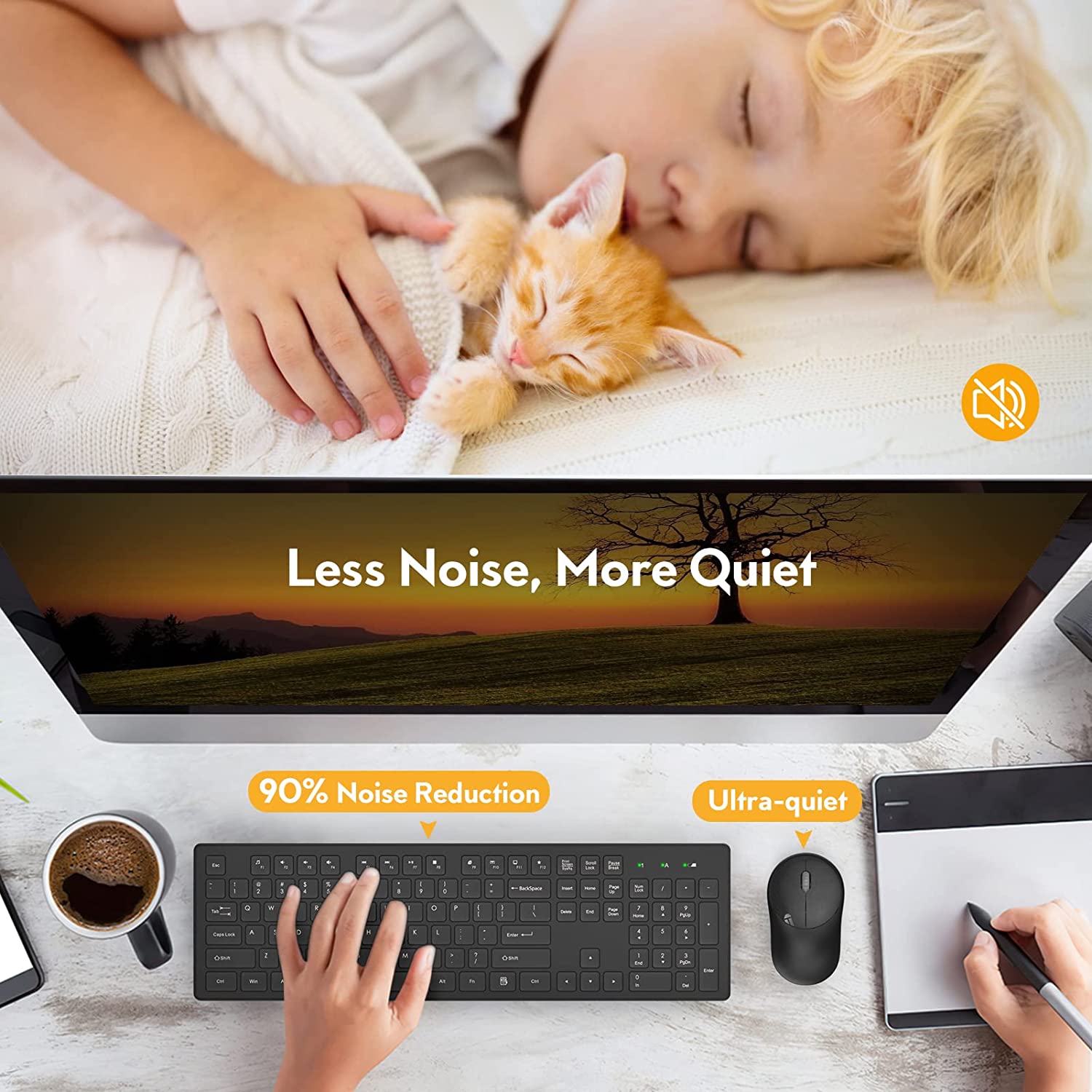 无线键盘和鼠标，Trueque Silent 2.4GHz 无绳全尺寸 USB 键盘鼠标组合，电池寿命长，无线无延迟，适用于计算机、笔记本电脑、PC、Windows、Mac、Chrome 操作系统（黑色）