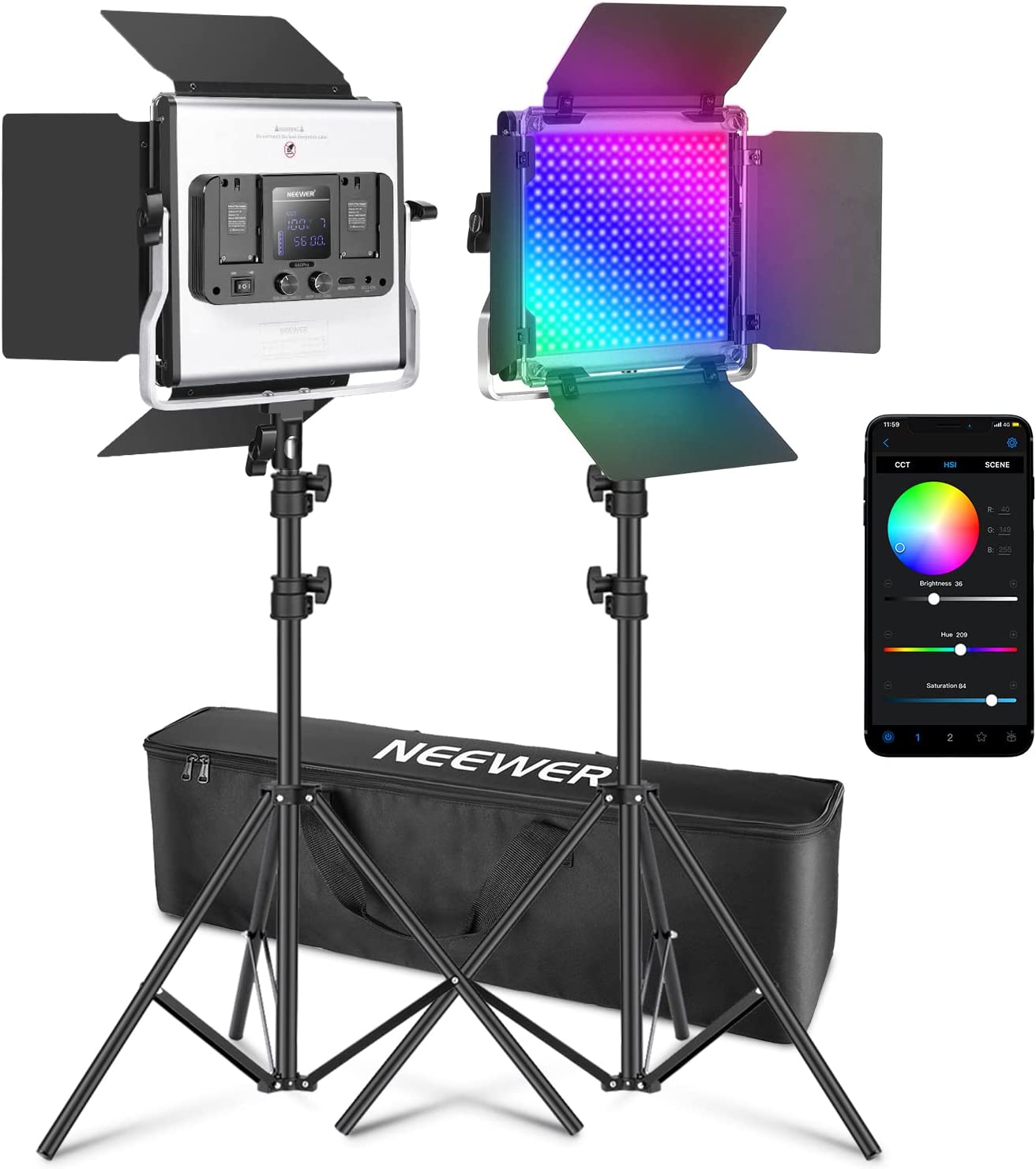 NEEWER 升级版 660 PRO II RGB LED 视频灯带 App 控制和支架套件，2 件装恒定 50W 无色移/1% 精确最小调光/360° RGB/CRI97+/3200K~5600K 用于游戏流 YouTube 摄影