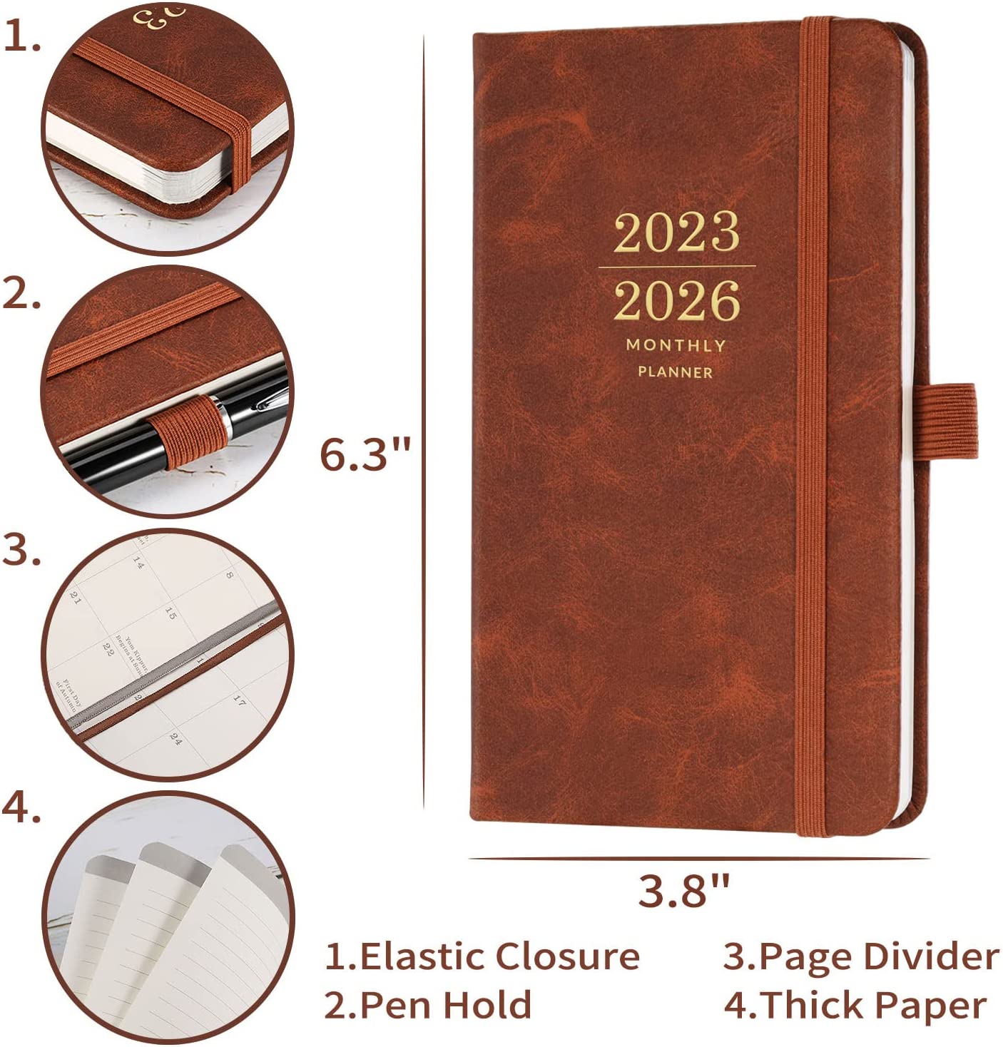 2023-2026 月度袖珍计划本/日历 - 3 年袖珍月历，2023 年 7 月 - 2026 年 6 月，6.3" × 3.8"，带笔架的 36 个月计划本，弹性封口，2 个书签，内袋，厚纸，棕色