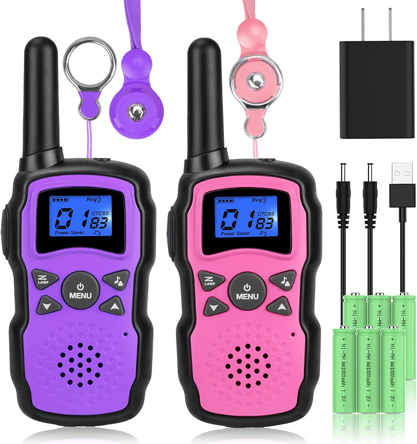 Wishouse 儿童对讲机可充电 USB 充电器 6000mAh 电池，带手电筒挂绳的户外露营游戏，女孩玩具，儿童万圣节圣诞节生日礼物 2 件装粉色紫色