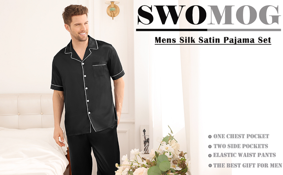 SWOMOG 男士真丝缎面睡衣套装短袖经典睡衣纽扣家居服配长裤