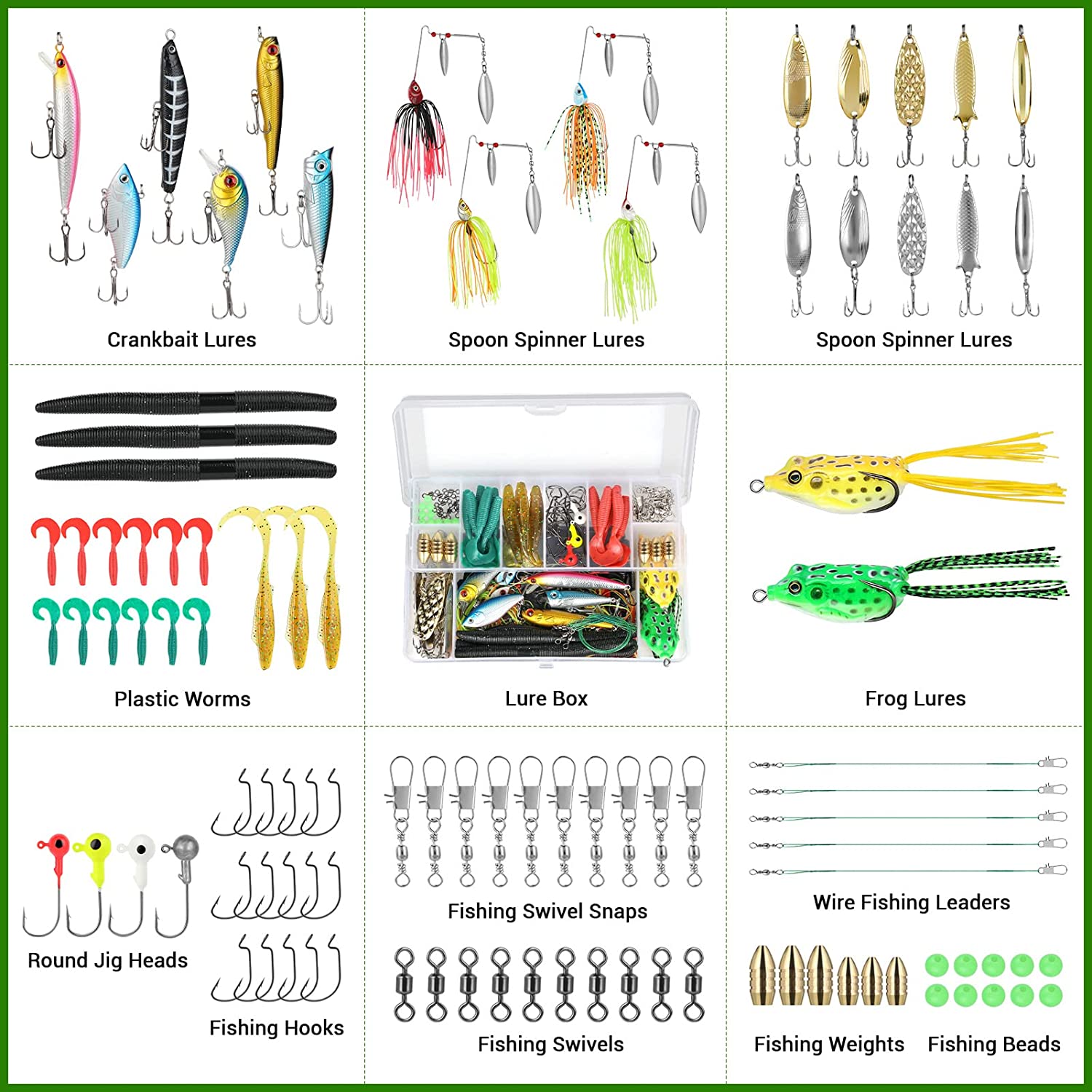 PLUSINNO 鱼饵鱼饵钓具，包括 Crankbaits、Spinnerbaits、塑料蠕虫、Jigs、Topwater Lures、Tackle Box 等渔具路亚套装，102/302 件鱼饵钓具