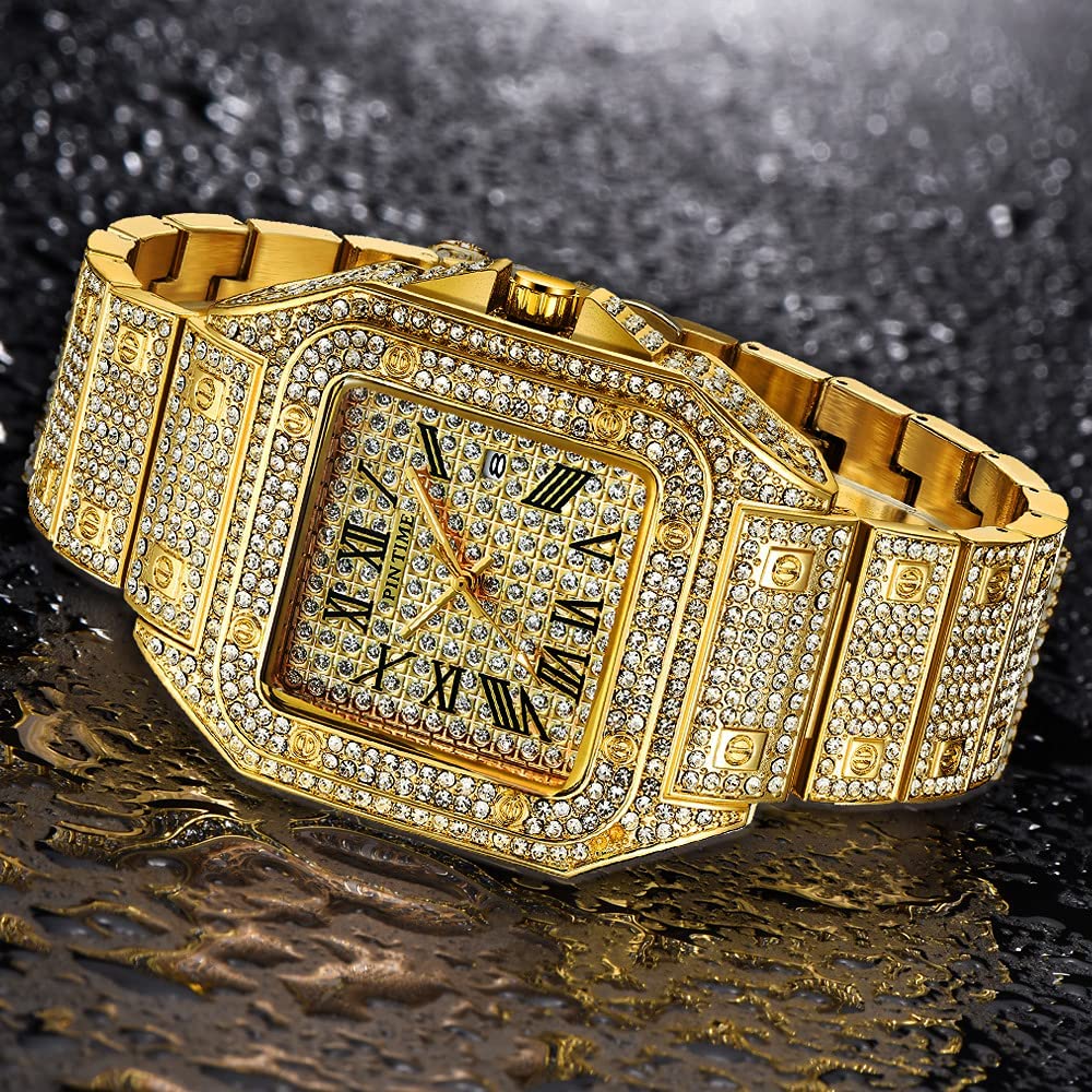 Gosasa 时尚嘻哈男士水晶手表 Bling Bling 手表长方形表壳不锈钢石英模拟手链手表