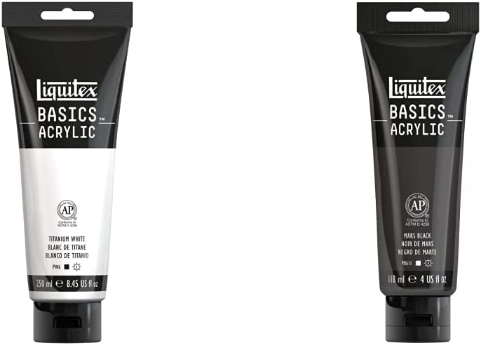 Liquitex BASICS 丙烯酸涂料，250 毫升（8.5 盎司）管装，钛白和 BASICS 丙烯酸涂料，118 毫升（4 盎司）管装，火星黑