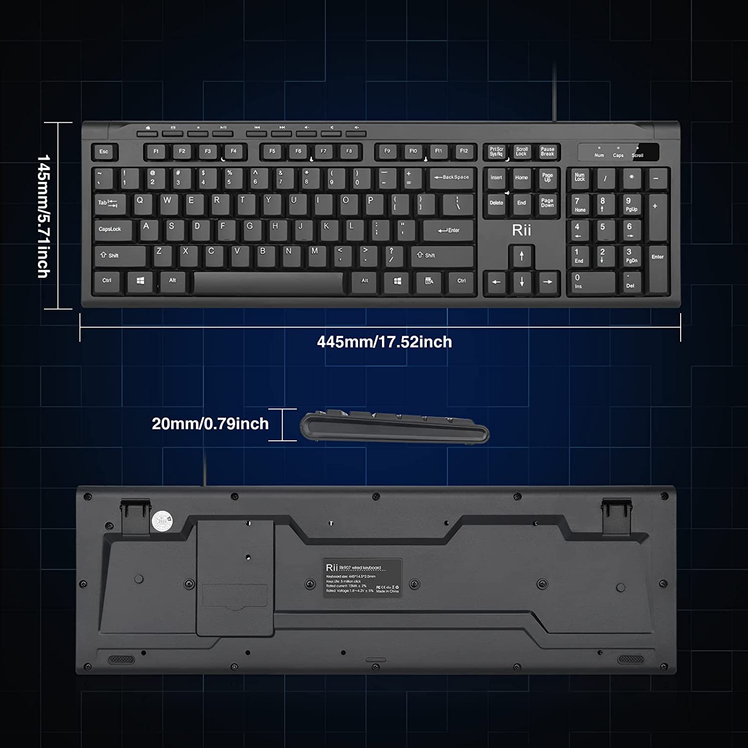 Rii RK907 超薄紧凑型 USB 有线键盘适用于 Mac 和 PC，Windows 10/8 / 7 / Vista/XP（黑色）……