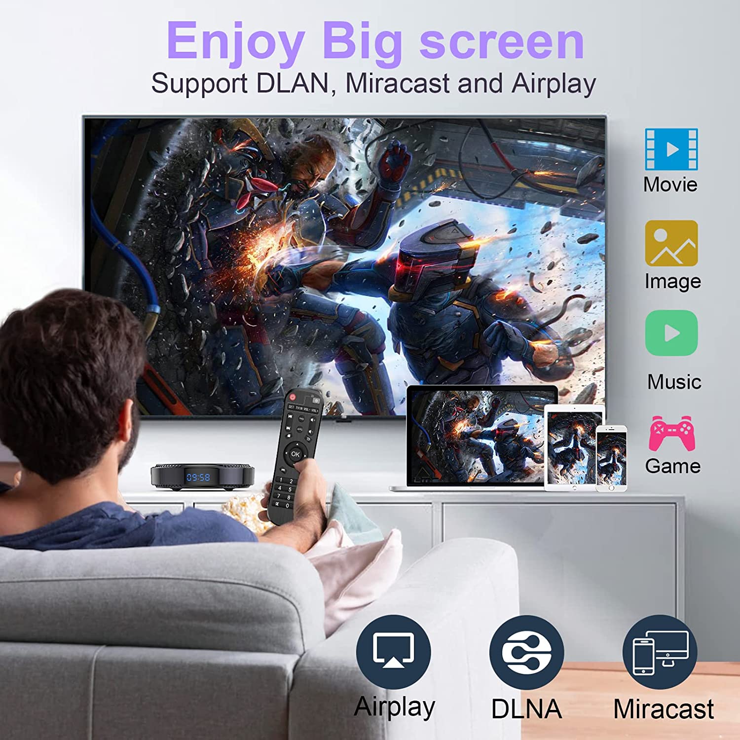 安卓电视盒 12 2GB 16GB WiFi6 2.4G 5.8G 6k 电视盒 H618 芯片组支持 HDR10 BT5.0 USB 2.0 以太网 LAN 3D 带迷你背光键盘
