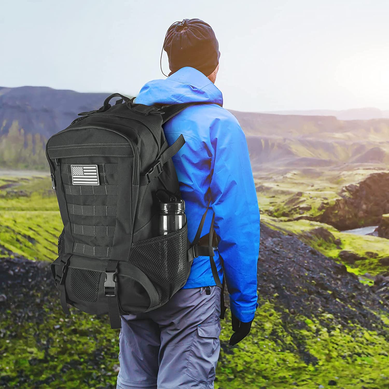 Jueachy 男士远足战术背包 Molle 军用背包防水 30 升 EDC 包带美国国旗贴片