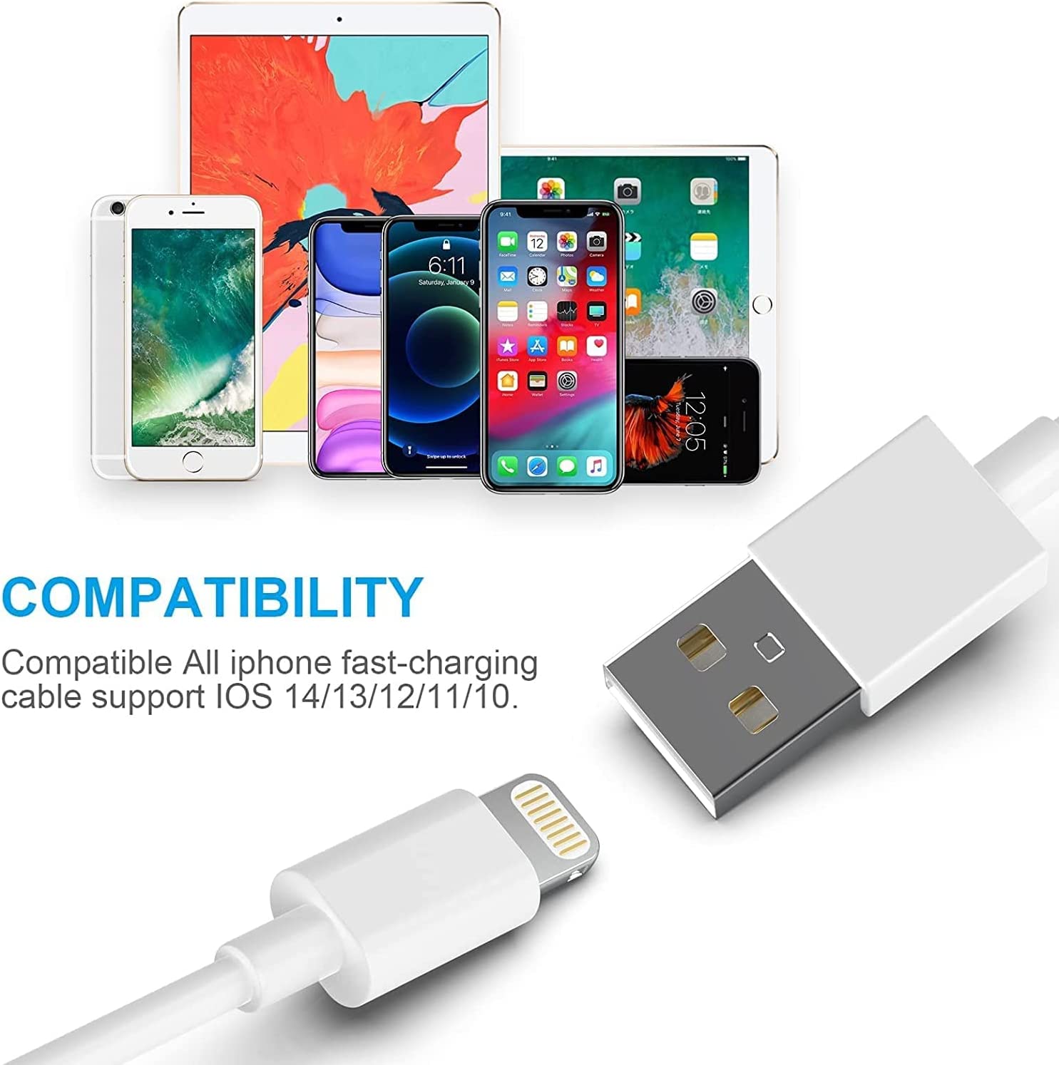 [Apple MFi 认证] iPhone 充电器 5 件装 [6/6/6/10/10FT] 长闪电数据线快速充电线 iPhone 充电线兼容 iPhone 14/14 Pro/Max/13/12/11 Pro Max/XS MAX/XR/ XS/X/8/7/Plus iPad
