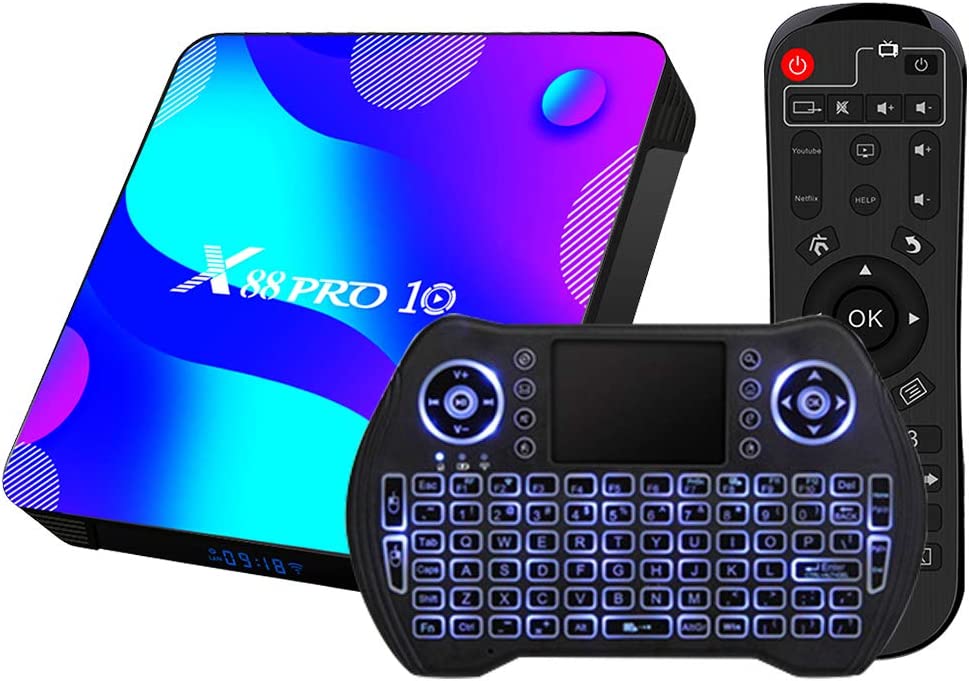 Android 电视盒 11， RK3318 USB 3.0 超高清 4K HDR 4GB 内存 64GB ROM 2.4G 5.8G 双频 WiFi 带 BT 4.1 WiFi 100M 以太网带背光迷你键盘机顶盒