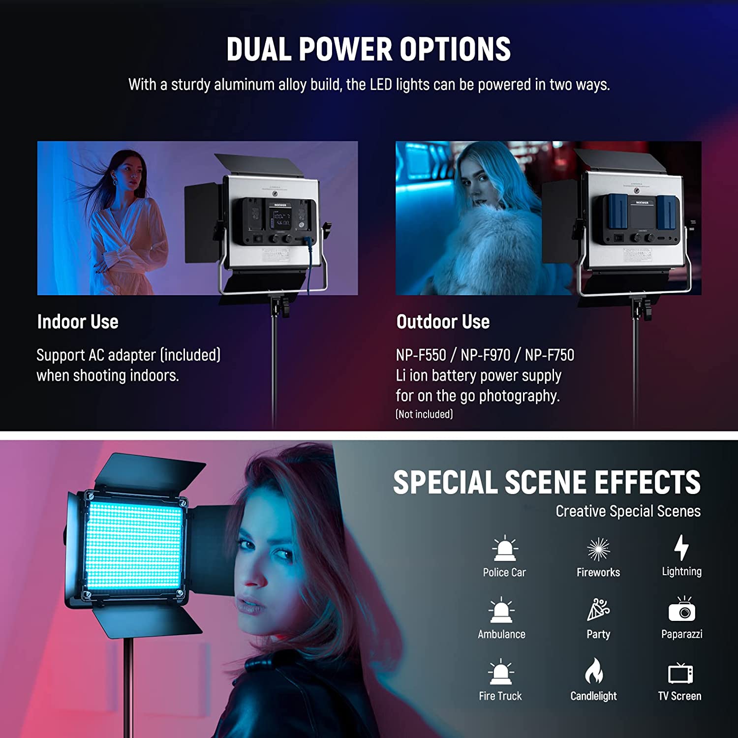 NEEWER 升级版 660 PRO II RGB LED 视频灯带 App 控制和支架套件，2 件装恒定 50W 无色移/1% 精确最小调光/360° RGB/CRI97+/3200K~5600K 用于游戏流 YouTube 摄影